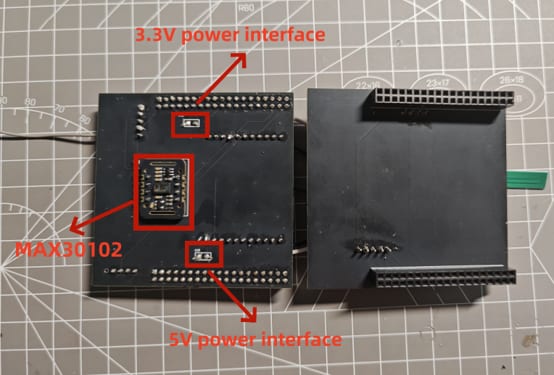 成品 PCB 背面照片，标注出 MAX30102 心率血氧模块与 3.3V、5V 两个供电接口