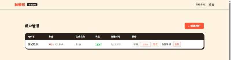 管理后台用户管理页面，列出用户名、积分余额、生成次数、状态和创建时间，提供加积分、锁定、重置密钥、删除等操作